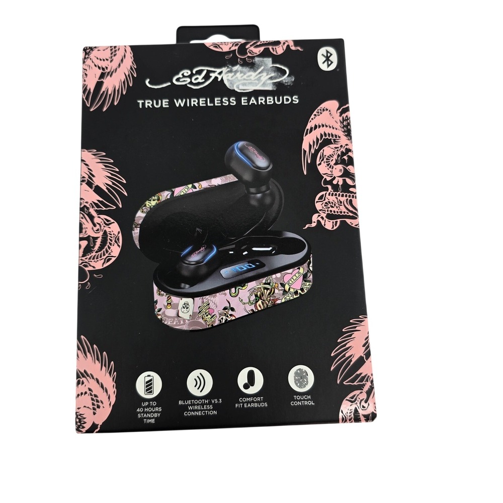 Ed Hardy True Wireless Earbuds Bluetooth V5.3 Pink Tattoo Art Charging Case New
